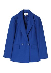Modrý lněný dvouřadý blazer s klopami, dvěma předními kapsami a dekorativními knoflíkovými uzávěry na rukávech. Hladká textura.
