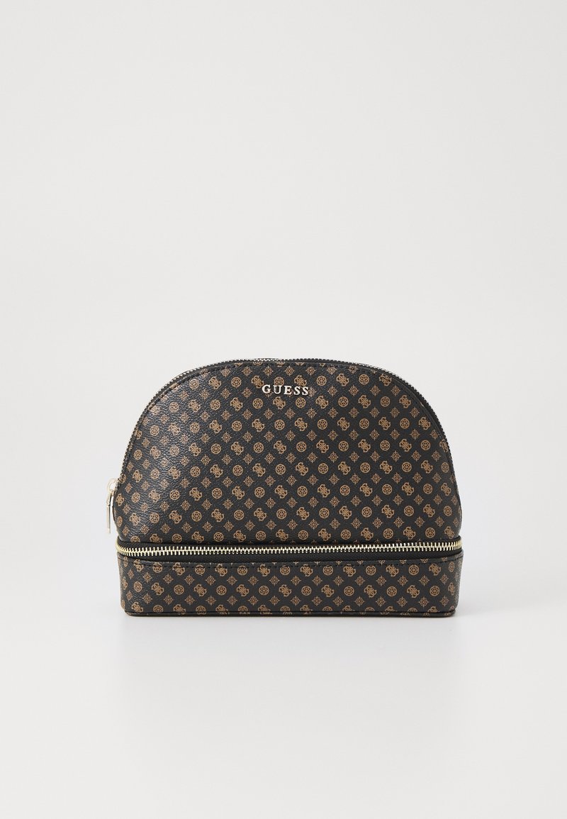 Borsa cosmetica nera personalizzata con accenti dorati, parte superiore arrotondata, texture liscia e una cerniera dorata sul fondo per un facile accesso.