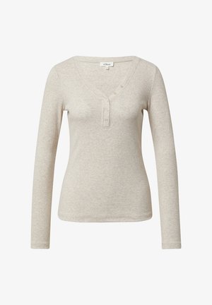 Hellbeiges Langarmshirt mit gerippter Textur, V-Ausschnitt und dreiknöpfiger Knopfleiste an der Brust. Einfaches, figurbetontes Design.