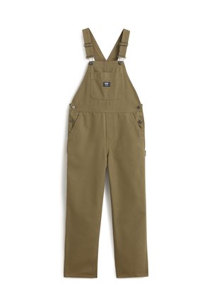 Khaki zielone bawełniane ogrodniczki z regulowanymi szelkami, przednią kieszenią na piersi z logo Vans oraz bocznymi zapięciami na guziki.