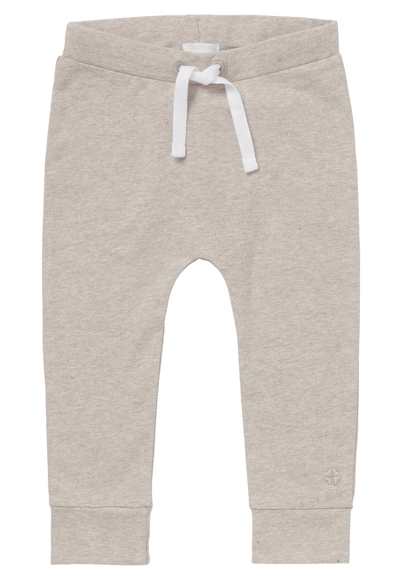 Ljusgrå sweatshirtbyxor i mjuk bomullsblandning, med ett elastiskt midjeband och vita dragsko, samt ribbade fållar vid anklarna.