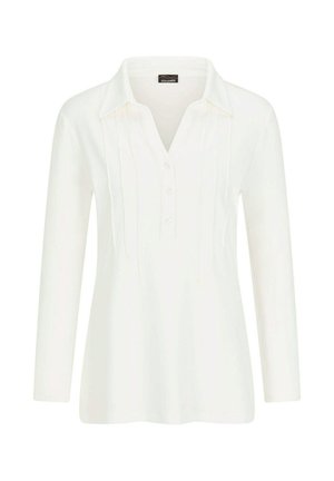 Witte blouse met lange mouwen en een kraag, voorzien van een knopenlijst en verticale plooien langs de borst. Glad textuur.