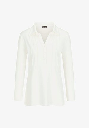 Witte blouse met lange mouwen en een kraag, voorzien van een knopenlijst en verticale plooien langs de borst. Glad textuur.