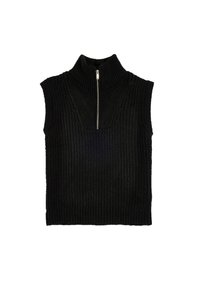 Jersey sin mangas negro con cuello alto, que cuenta con un cierre de media cremallera en la parte frontal y un patrón de punto texturizado en toda la prenda.
