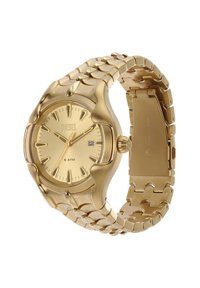 Goldfarbene Edelstahl-Uhr mit einer runden, strukturierten Lünette, einem goldfarbenen Ziffernblatt und Stundenmarkierungen, ausgestattet mit einem Datumsfenster und einem Gliederarmband.
