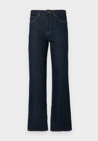 Temno modri trpežni jeans z ravnimi hlačnicami, sprednjimi žepi, zanke za pas in gumbom za zapiranje na pasu, na beli podlagi.