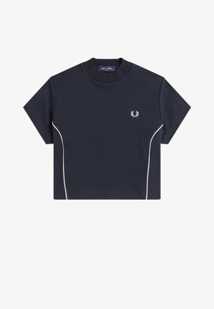 T-shirt corta blu navy con maniche corte, piping bianco sui lati e piccolo logo corona d'alloro bianca sul petto sinistro.
