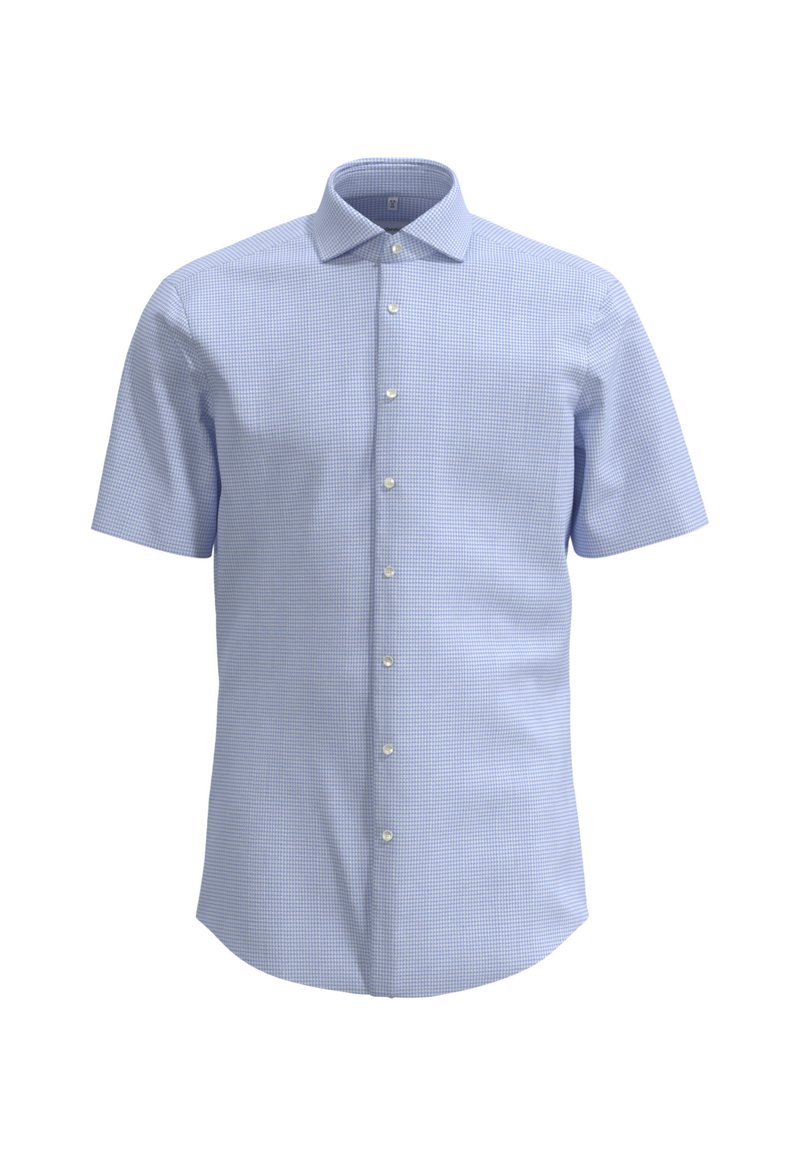 Korte mouwen overhemd met knopen in lichtblauw met een geruit patroon, voorzien van een spread collar en een klassieke knoopsluiting aan de voorkant.