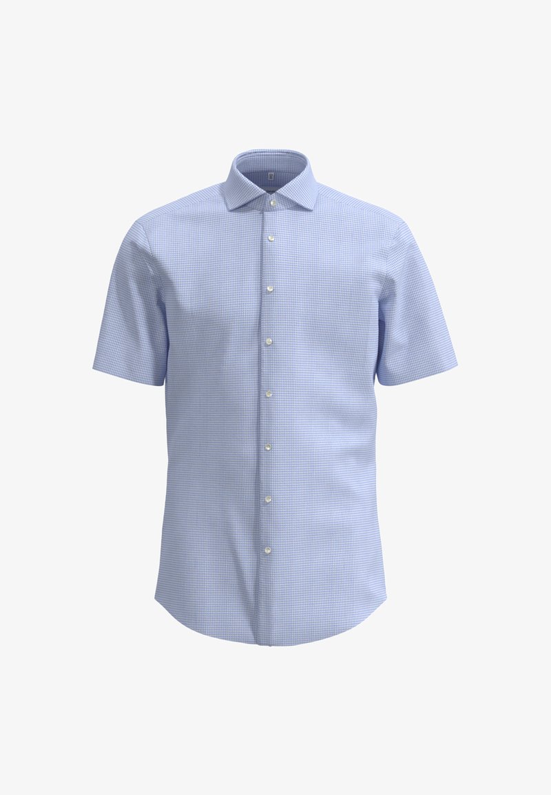 Korte mouwen overhemd met knopen in lichtblauw met een geruit patroon, voorzien van een spread collar en een klassieke knoopsluiting aan de voorkant.