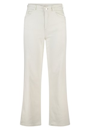 Crème-kleurige high-waisted jeans met een uitlopende pijpdesign. Gemaakt van denim, met vijf zakken en een sluiting met een knoop aan de voorkant.