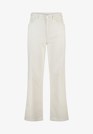 Jean taille haute de couleur crème avec un design à jambe évasée. Fabriqué en denim, il dispose de cinq poches et d'une fermeture à bouton devant.