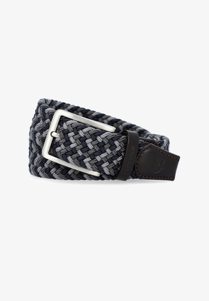 Spleciony pasek w granatowym, szarym i czarnym odcieniu z elegancką srebrną metalową klamrą i ciemną skórzaną pętlą. Teksturowany wzór podkreśla design.