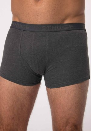 Boxers gris avec une ceinture logo, conçus avec une coupe ajustée et une texture lisse. Caractéristiques d'un matériau doux et d'une couverture mi-cuisse.