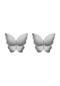 Sølv sommerfuglformede øreringer med glatte reflekterende overflater og avrundede kanter. Designet har to identiske deler.