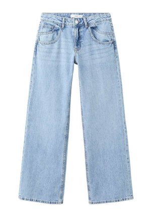 Lichtblauwe spijkerbroek met wijde pijpen gemaakt van denim. Heeft vier zakken, een knoopsluiting en een licht vervaagde textuur. Klassiek ontwerp.