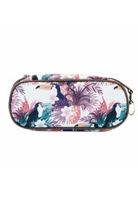 Estuche con cremallera que presenta un colorido estampado tropical con tucanes, flores y hojas sobre un fondo blanco. Forma redondeada, material de tela.