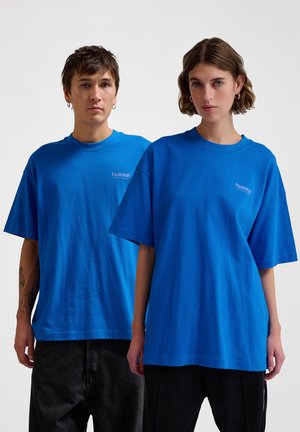 Kurzarm-T-Shirts in lebhaftem Blau, aus Baumwolle gefertigt. Mit Rundhalsausschnitt und Logo-Detail auf der Vorderseite. Oversized-Schnitt bei beiden Modellen.