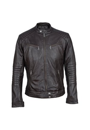 Schwarze Lederjacke mit Reißverschluss, zwei Brusttaschen und gesteppten Schulter- sowie Ärmel-details. Verfügt über einen eng anliegenden Kragen und ein tailliertes Design.