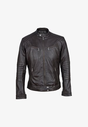 Schwarze Lederjacke mit Reißverschluss, zwei Brusttaschen und gesteppten Schulter- sowie Ärmel-details. Verfügt über einen eng anliegenden Kragen und ein tailliertes Design.