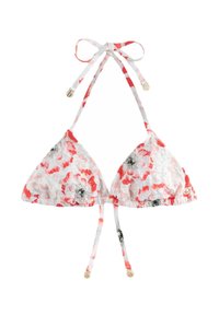 Lilleline bikiinitop, mis on valge taustaga, punaste ja roosade lillemustritega, reguleeritavate nöörikinnituste ja kuldse tooniga riistvarakaunistustega.