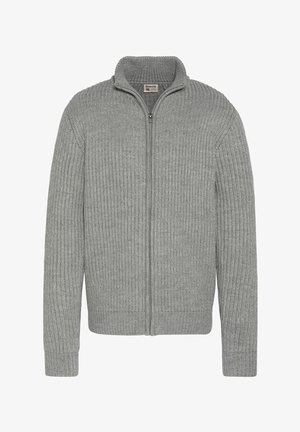 Grå ribbet strik cardigan med høj krave og fuld lynlås foran. Har lange ærmer og struktureret stof med en tætsiddende talje.