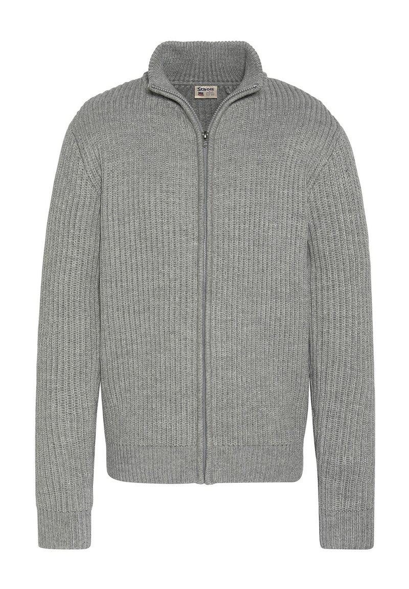 Szary kardigan z prążkowanego dzianiny z wysokim kołnierzem i pełnym zamkiem błyskawicznym. Posiada długie rękawy oraz teksturowany materiał z dopasowanym wcięciem w talii.