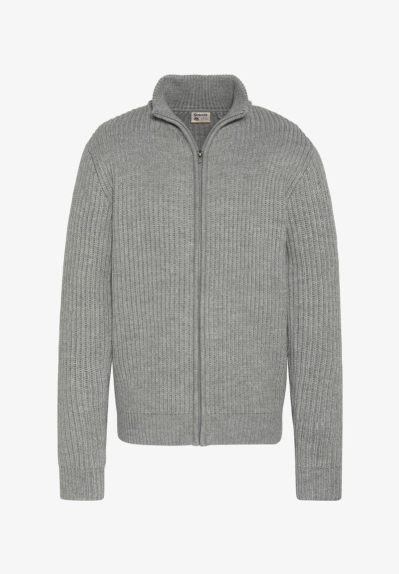 Szary kardigan z prążkowanego dzianiny z wysokim kołnierzem i pełnym zamkiem błyskawicznym. Posiada długie rękawy oraz teksturowany materiał z dopasowanym wcięciem w talii.