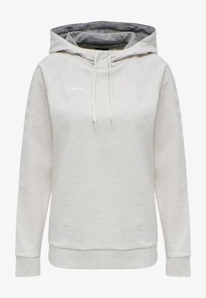 Lichtgrijze hoodie met een trekkoordkap, ribgebreide manchetten en zoom, met een subtiele textuur en het "hummel" logo op de borst.