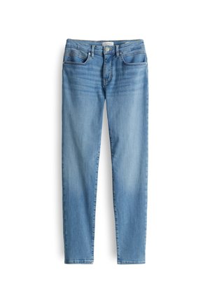 Lichtblauwe spijkerbroek met een rechte pijp, vijf zakken en een knoopsluiting. De stof heeft een gladde textuur met subtiele vervaging.