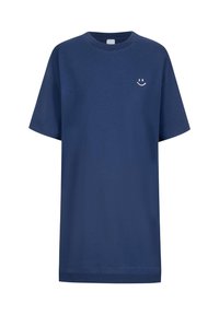 T-shirt en coton bleu marine, manches courtes, col rond, avec un petit motif de smiley blanc sur le côté gauche de la poitrine. Coupe régulière.