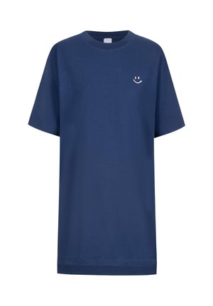 Dunkelblaue Baumwoll-T-Shirts, kurze Ärmel, Rundhalsausschnitt, mit einer kleinen weißen Smiley-Grafik auf der linken Brust. Reguläre Passform.