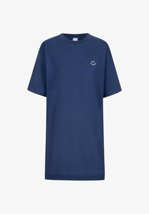 Navyblauw katoenen T-shirt, korte mouwen, ronde hals, met een kleine witte smiley op de linkerborst. Regular fit ontwerp.