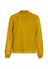 Blouse jaune moutarde à manches longues avec motif chevron, col montant froncé, poignets froncés et tissu semi-transparent.