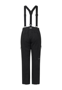 Schwarze Schneehose mit verstellbaren Trägern, seitlichen Reißverschlusstaschen und verstärkten Knien, konzipiert für Winteraktivitäten im Freien.