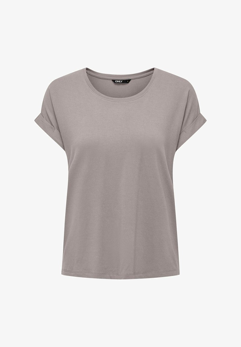 Jasnofioletowy damski t-shirt z krótkim rękawem, z podwiniętymi mankietami i okrągłym dekoltem, ułożony na płasko na białym tle.