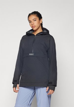 Veste pull noire avec fermeture éclair sur le devant, capuche et motif de matelassage en losanges. Présente le logo Roxy et des poignets en Velcro.