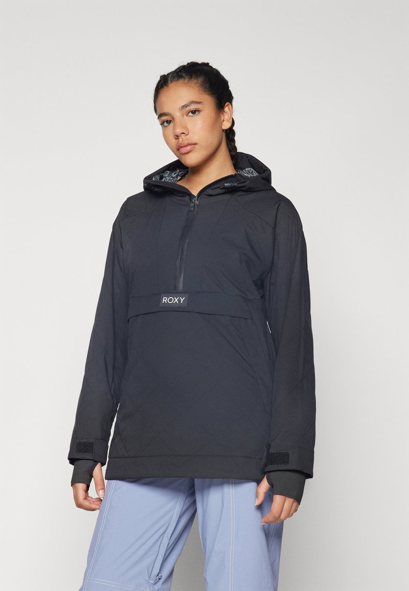 Black pullover jacket with a zippered front, hood, and diamond quilted pattern. Features Roxy logo and Velcro cuffs.