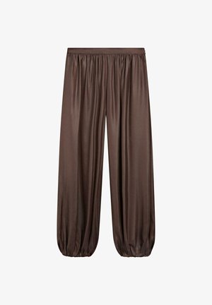 Brune bukser med vidde ben, elastisk taljebånd og elastiske, opsamlede manchetter, lavet af glat, let skinnende stof.