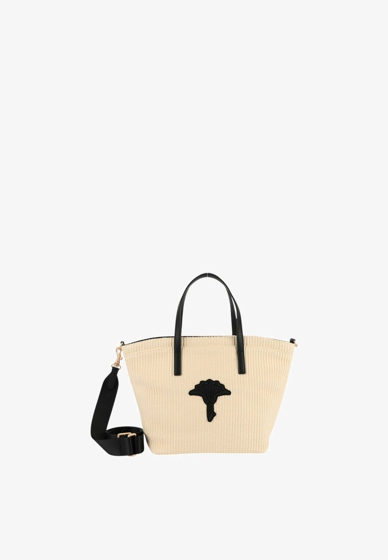 Beige vævet stof tote bag med sorte læderhåndtag, en aftagelig rem og en prægning af sorte Afrika-silhuetter på fronten.