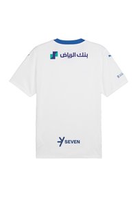 Valge sportlik särk siniste aktsentidega krael ja allservas. Seljal on tumedatest sinistest logod ja araabia tekst. Kerge koe.