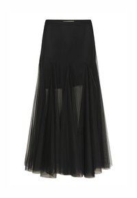 Jupe noire midi avec des panneaux en tulle transparent superposés créant un effet évasé et texturé du milieu de la cuisse à l'ourlet.