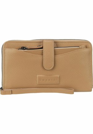 Beige Lederbörse mit strukturiertem Finish, rechteckiger Form, vorderer Reißverschlusstasche und einem Tragegurt. Verfügt über ein dezentes Logo auf der Vorderseite.