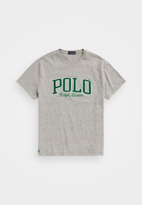 Graues Baumwoll-T-Shirt mit kurzen Ärmeln, das ein grünes, gesticktes "POLO"-Logo und den Text "Ralph Lauren" darunter aufweist, mit grünen Akzenten am Saum.