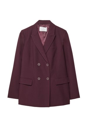 Doppelt gefütterte Blazer in tiefem Burgunderrot, mit zwei Fronttaschen, spitzen Revers und einem glatten Satin-Futter. Taillierte Passform und strukturierte Form.