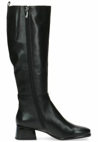 Botas de cuero negro hasta la rodilla con puntera afilada y tacón de bloque. Cuentan con una cremallera vertical en el lateral y una textura suave y brillante.