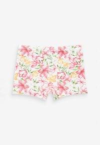 Shorts con stampa floreale che presentano fiori rosa, arancioni e verdi su sfondo bianco. Realizzati in tessuto morbido con cintura elastica.