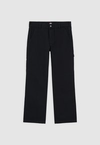 Los pantalones cargo de algodón negros presentan un corte recto, bolsillos frontales, bolsillos laterales y un cierre de botón metálico en la cintura.