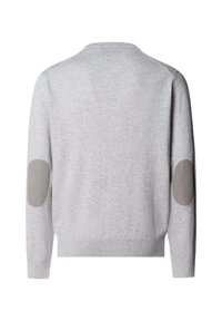 Pull gris clair à manches longues avec des coudières ovales gris foncé, poignets et ourlet côtelés, et un col rond, vu de dos.