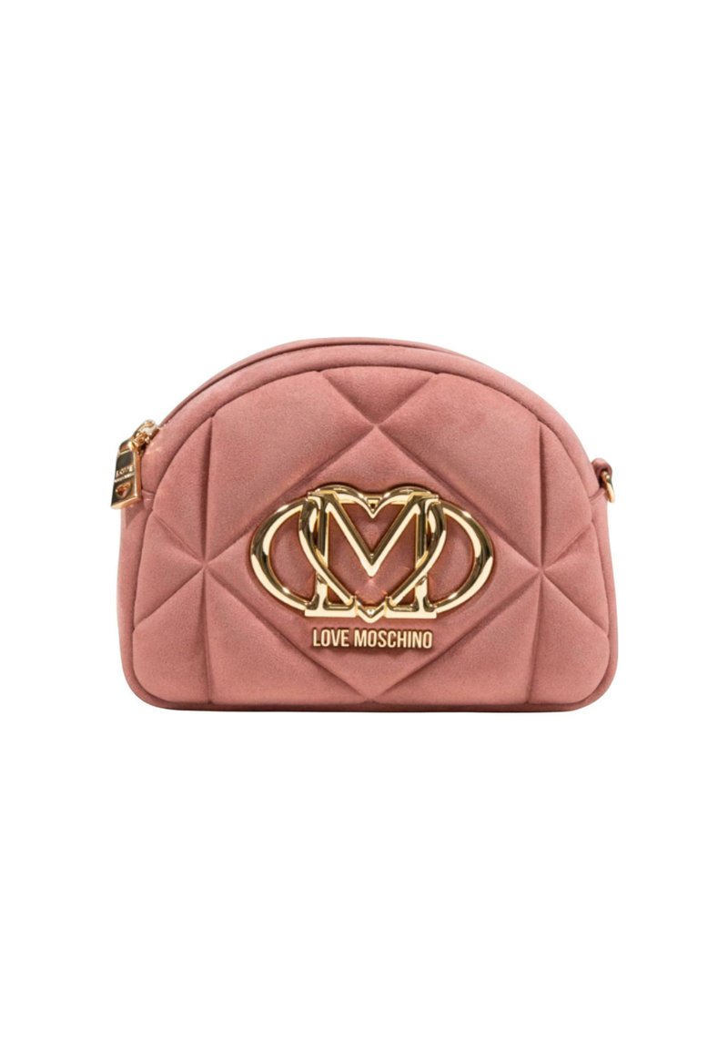 Borsa a tracolla in ecopelle trapuntata rosa, con ferramenta color oro e un noto logo "M". Forma arrotondata con chiusura a zip.