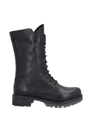 Bota negra de piel hasta la mitad de la pantorrilla con cordones, suela resistente y puntera redonda, mostrada de perfil.